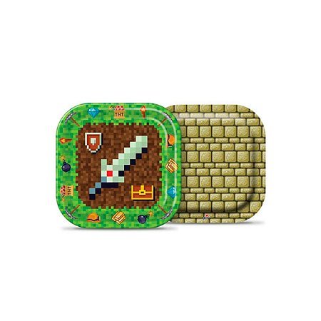 Prato Quadrado Descartável Mini Pixels 18cm Com 8 Un