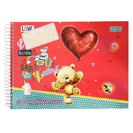 Caderno Ursinho e Coração Vermelho Meia Pauta 96 Folhas