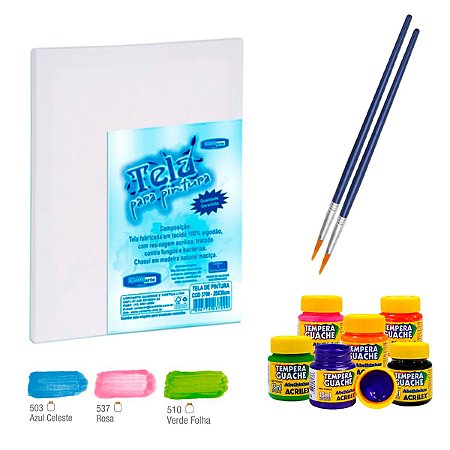 Kit Tela de Pintura 30 x 40 cm +6 Tintas Guache Desenhos Sortidos, CORTIARTE