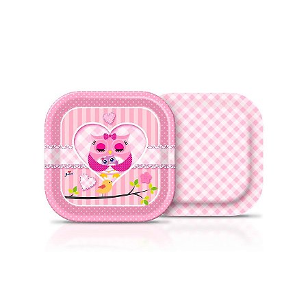 Prato Quadrado Chá de Bebê Mamãe Coruja 18cm C/ 8 Un Junco