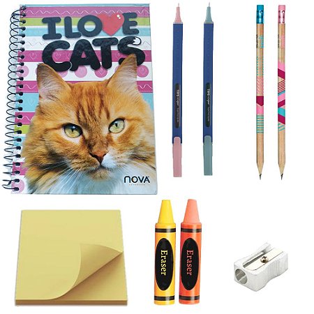 Kit Escolar 1 I Love Cats 9 peças