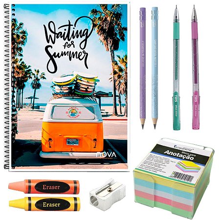 Kit Escolar 5 C/ Caderno e bloco 9 peças