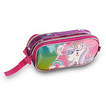 Estojo Duplo Escolar Unicornio Clio Infantil cor Roxo