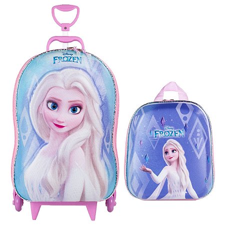 Mochila 3D Elsa de Rodinhas + Lancheira Infantil Frozen Azul - Shop Macrozao
