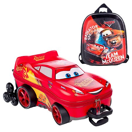 Mochila 3D de Rodinhas + Lancheira Cars Mcqueen Vermelha