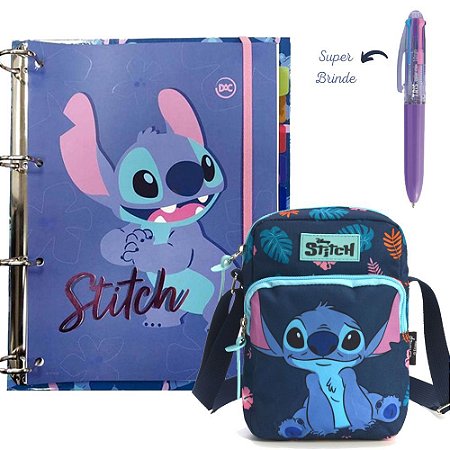 Kit Shoulder Bag Stitch Floral, Fichario e Caneta Escolar