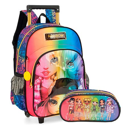 Mochila Rodinha + Estojo Duplo Rainbow high Preta Infantil