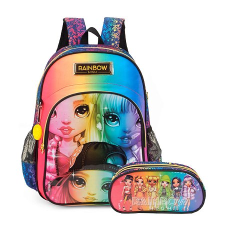 Kit Mochila Costas + Estojo Duplo Rainbow high Preto