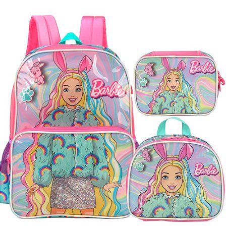 Kit Mochila Lancheira e Estojo Box Barbie Coelha Rosa