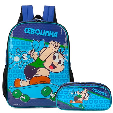 Kit Mochila Costas e Estojo Cebolinha Skate Azul