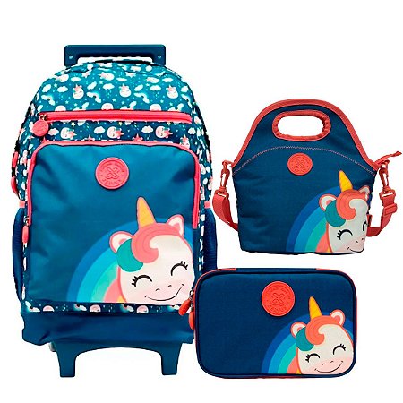 Mochila Rodinhas Unicornio + Lancheira + Estojo Box Azul