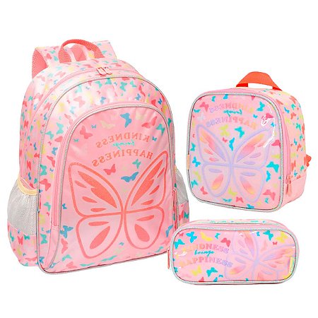 Kit Mochila Costas + Lancheira + Estojo Fly Away Borboleta