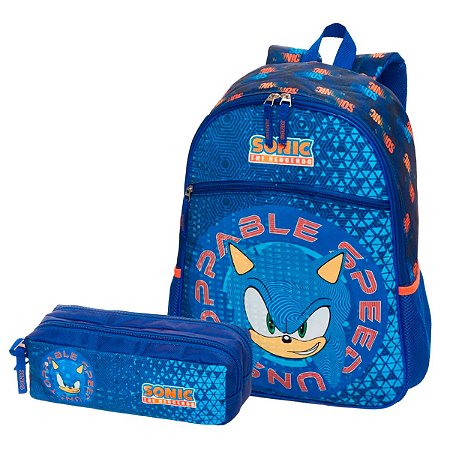 Kit Mochila de Costa + Estojo Duplo Sonic Azul Geomaze