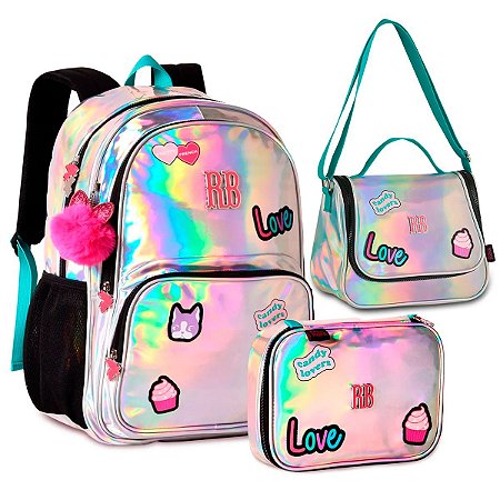Mochila Costas + Lancheira + Estojo Box Holográfica Candy