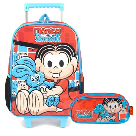 Kit Mochila de Rodinhas e Estojo Mônica e Sansão - Luxcel