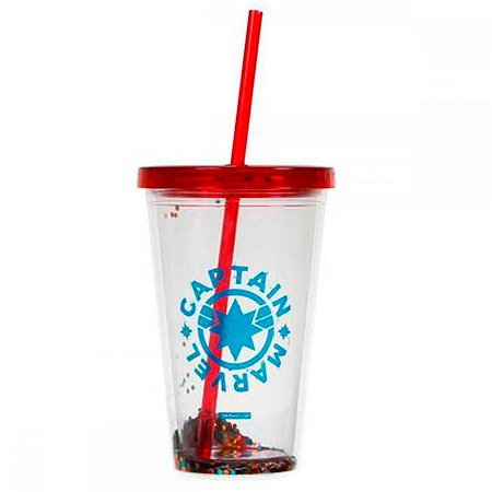 Copo com Canudo Capitã Marvel Com Glitters 450ml