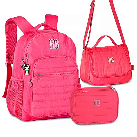 Mochila Costas RB + Lancheira + Estojo Rosa c/ Chaveiro 3D