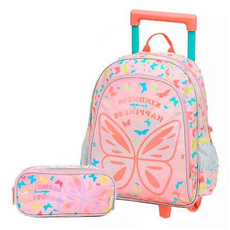 Kit Mochila de Rodinhas + Estojo Duplo Fly Away Borboleta