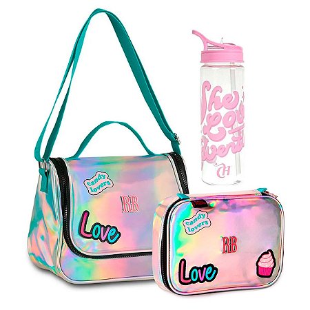 Lancheira Térmica + Estojo Box + Garrafa Holográfica Candy
