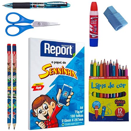 Kit Papelaria Folhas Lápis Caneta Completo