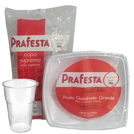 Kit Descartavel Prafesta 10 Pratos Quadrado 40 copos Supremo