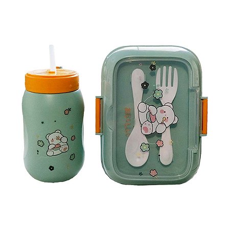 Kit Squeeze 500ml e Porta lanche c/ Talheres Lanche Azul