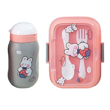 Kit Squeeze 500ml e Porta lanche c/ Talheres Lanche Rosa