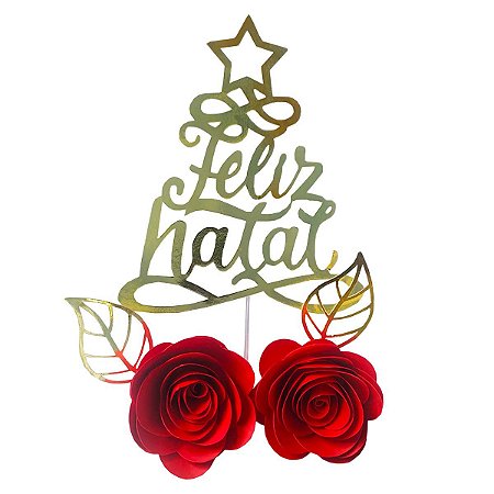Topo Decorativo Para Bolo Feliz Natal c/ Rosas Dourado