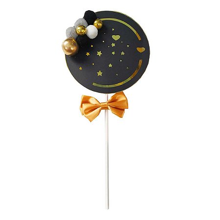 Topo Decorativo Para Bolo Preto e Dourado Com Pompom