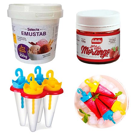 Kit Sorvete Emulsificante 200g Saborizante e Forma Picolé