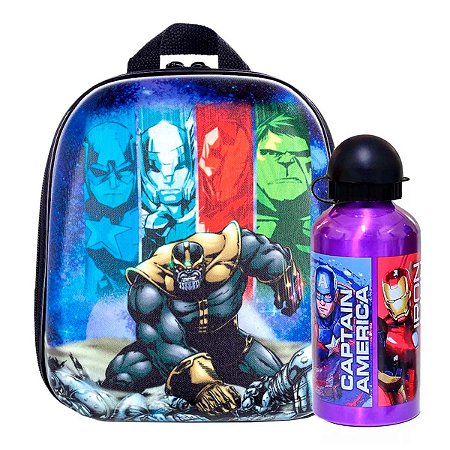 Lancheira Marvel Avengers + Garrafa 500ml Roxa Escolar