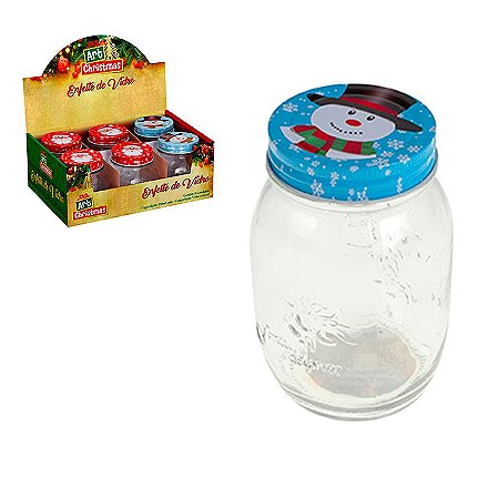 Enfeite Decorativo Pote Vidro Boneco Neve e Tampa 550ml Azul