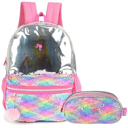 Kit Mochila de Costas Barbie Paetê e Estojo Duplo - Luxcel