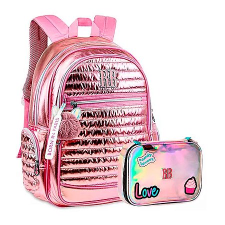 Kit Mochila de Costas RB Rosa + Estojo Box Holografico