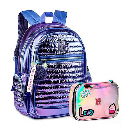 Kit Mochila de Costas RB Roxa + Estojo Box Holografico