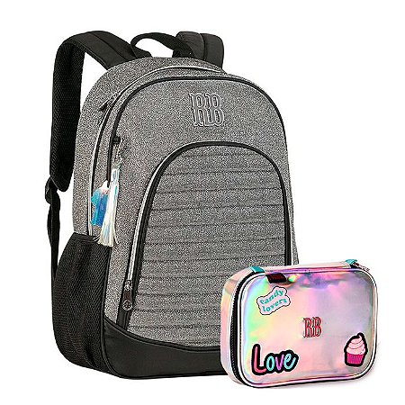 Kit Mochila de Costas RB Preto + Estojo Box holográfico RB
