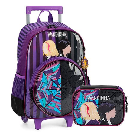 Kit Mochila Rodinhas + Estojo Box Wandinha e Enid Roxo