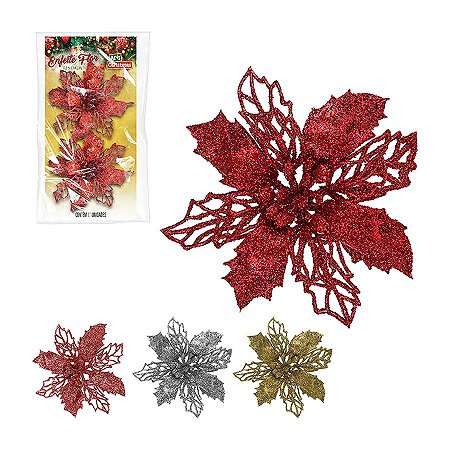 Enfeite Flor Rendada Com Glitters 2Un Natal 11cm - Cores