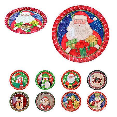 Bandeja Redonda Natalina Papai Noel Metal 32cm 1Un