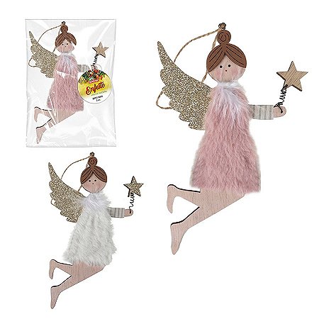 Enfeite Anjo Madeira c/ Glitters Natal 26cm 1Un