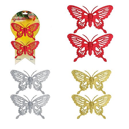 Enfeite Borboleta com Brilho Coloridas 10cm c/ 2Un