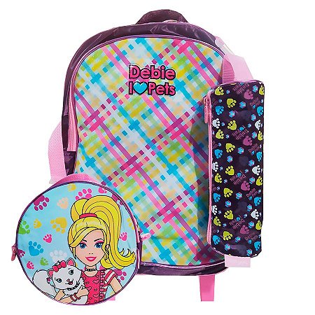 Kit Mochila de Rodinhas + Lancheira + Estojo Debie Pet Roxo