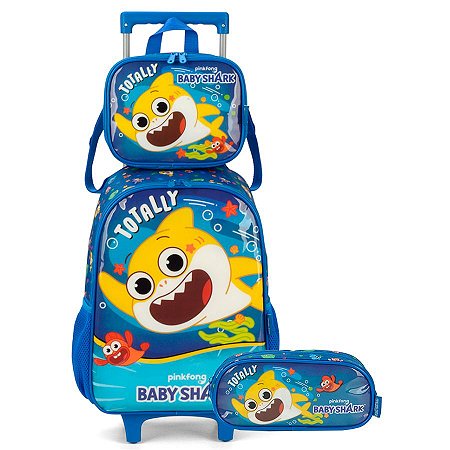 Kit Mochila de Rodinhas Lancheira e Estojo Baby Shark Azul