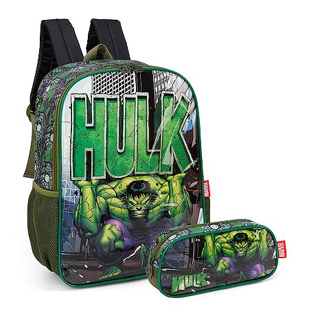 Kit Mochila de Costas + Estojo Hulk Marvel Preto - Luxcel