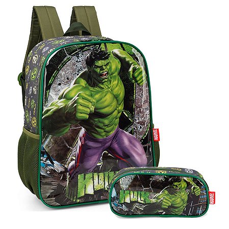 Kit Mochila de Costas + Estojo Hulk Marvel Verde - Luxcel