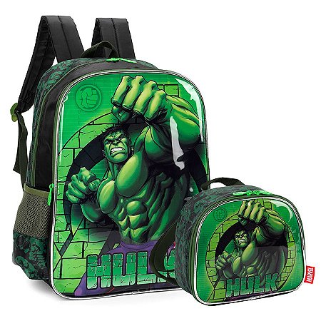 Kit Mochila de Costa Hulk + Lancheira Preto e Verde Marvel - Shop Macrozao