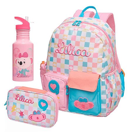 Kit Mochila de Costa + Estojo + Garrafa Lilica Lov It Breezy