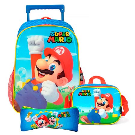 Mochila de Rodinha + Lancheira + Estojo Super Mario Azul