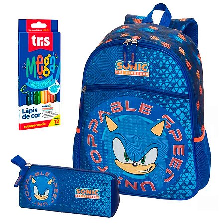Mochila de Costa + Estojo + Lapis Brind Sonic Azul Geomaze
