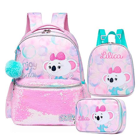 Mochila de Costas + Lancheira + Estojo Lilica Bubble Rosa